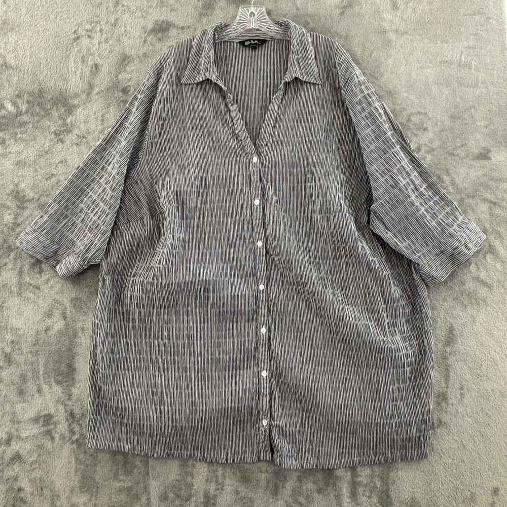 Ulla Popken Striped Seersucker Button Up Shirt Womens 36/38 Gray White V Neck